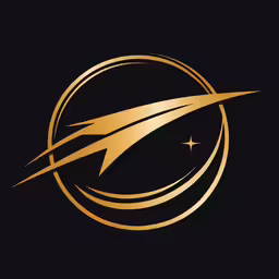 a golden logo on black background