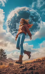 a woman in jeans walking across a desert