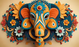 decorative elephant carved into a wall and decorated with flowers