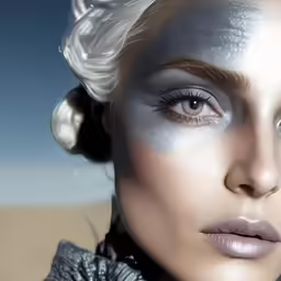 a young lady with white makeup and hair