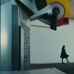 the woman is walking away from a structure