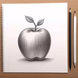 an apple drawing on paper with two pencils,an apple drawing is on a piece of paper