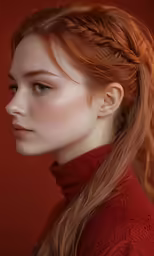 a young woman with red hair is standing with her long braid