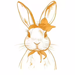 a brown and white rabbit with orange ribbons