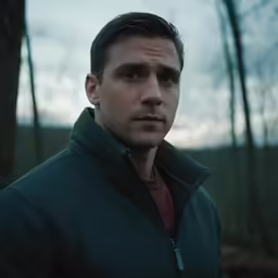 a man is in a forest looking into the distance