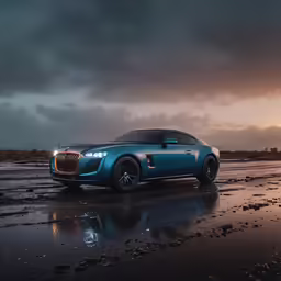 a blue sports car on a wet road
