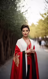 a woman in a red and black oriental kimono, standing on the sidewalk