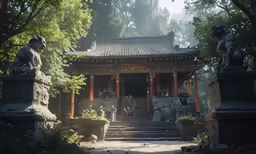 some statues in the woods near a pagoda