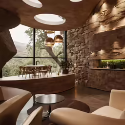 the circular living area has a fireplace and modern furniture