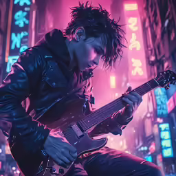 a man playing the guitar in the city at night