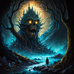 an illustration of a monster with glowing eyes in the woods