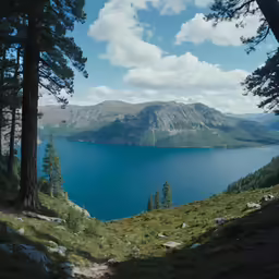 a view of the water and mountains from the top of a hill