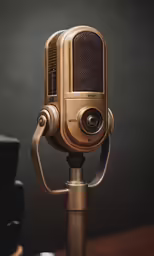 an old gold microphone sitting on top of a desk