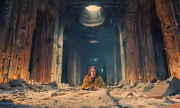 a woman laying down in a run down tunnel