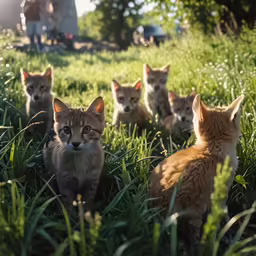 small kittens sitting in a grass field and looking off to the right