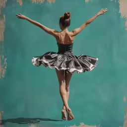 a woman in black and white ballet skirt flying through the air