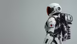 a white, robot like humanoid holding a camera