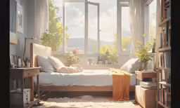 a white and yellow room with big windows