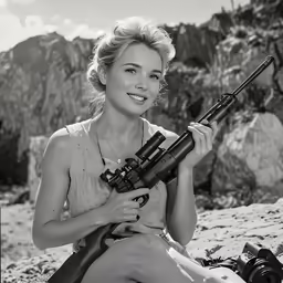 the woman is holding her rifle on the beach