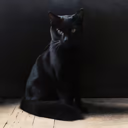 a black cat sitting on a wood floor