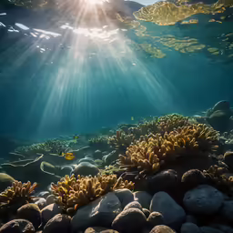 underwater view of rocky reef with light coming through water