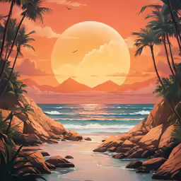 a painting of sunset and a waterfall in a tropical land