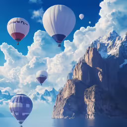 colorful air balloons floating over the water and mountains