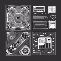 four different types of art work, one with black and white designs,art that is on top of a table,a series of three screenprints that are connected to the same thing,several black and white images with electronics in them,a screen shot of various computer hardware items