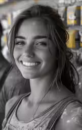 a woman smiling in a black and white photo,a girl smiling while standing in front of a store