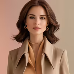a woman with a tan top and tan blazer