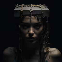 a young woman with her head covered by chain hanging down from the top of her head