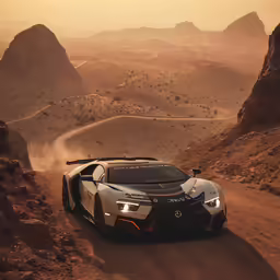 a car driving on a road with mountains in the background