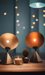 there are two lamps sitting on top of this table