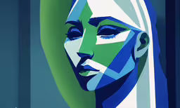a woman is wearing an abstract green and blue paint job,an abstract portrait of a woman