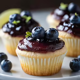 two cupcakes topped with blueberries and chocolate