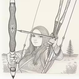 a pencil drawing of a girl aiming with two arrows,a woman holding a bow with arrows,the drawing is done with a pen and ink,a drawing of a girl holding a bow and arrow,a girl holding a bow and arrow, while another girl is waiting