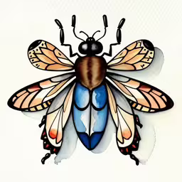 a drawing of a multi - colored bee,a bug painted on white paper with blue and orange
