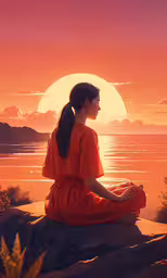 a woman is sitting in meditation with an orange and pink sunset behind her,the sun rising over a body of water while a woman is seated in meditation position