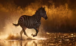 a zebra running across water on a sunny day