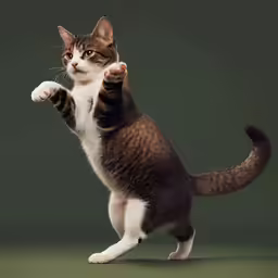 a brown and white cat standing up with its paw out