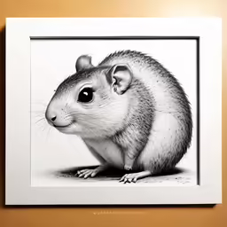a print with a black and white drawing of a rat