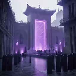 an illuminated archway to a building with people standing in front