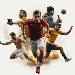 a man running across the street in different types of sports clothing