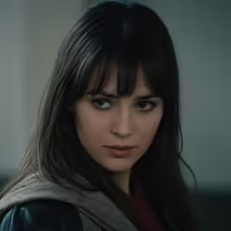 a woman with long hair and a leather jacket is posing