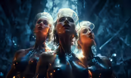 three women wearing plastic clothing and standing together