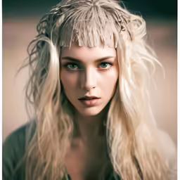 the woman is blonde with frizzy hair and bangs