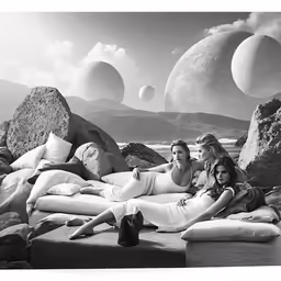 three beautiful women in white dresses laying on the rocks