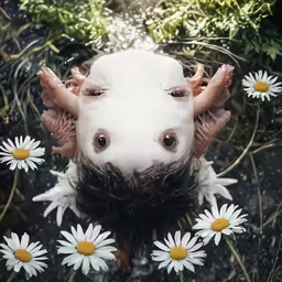 a small animal on the back of a body of water with daisies