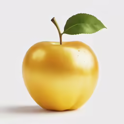 an apple with green leaf on it sitting on top of a table