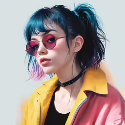 a woman with blue hair and pink glasses wearing a pink jacket